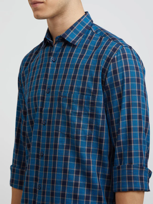 Men Blue Tailored Fit Checks Cotton Full Sleeve Shirts - Image 7