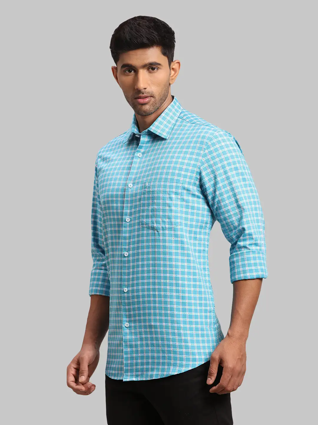 Men Blue Tailored Fit Checks Cotton Full Sleeve Shirts - Image 3