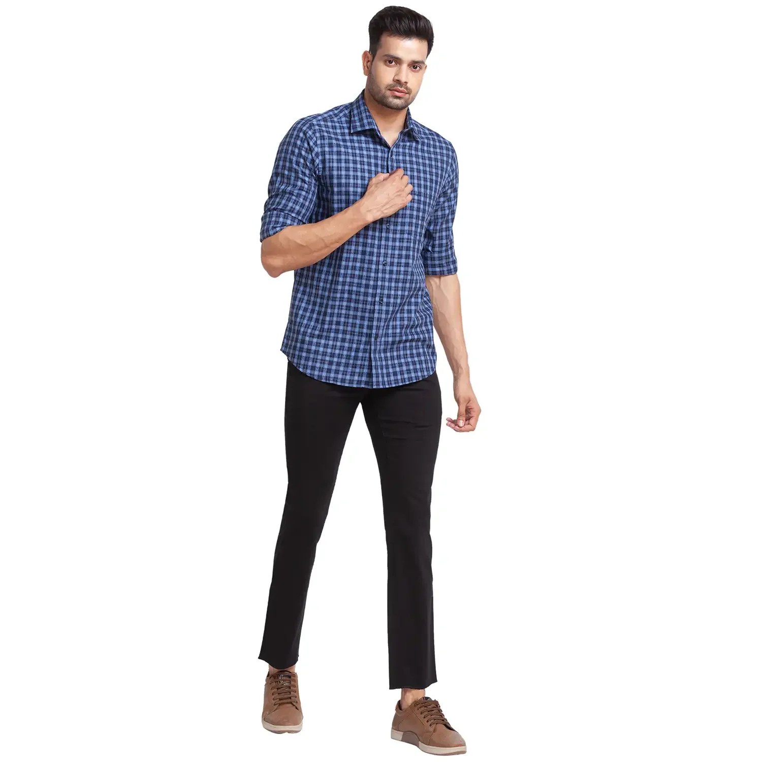 Men Blue Tailored Fit Checks Cotton Full Sleeve Shirts - Image 5
