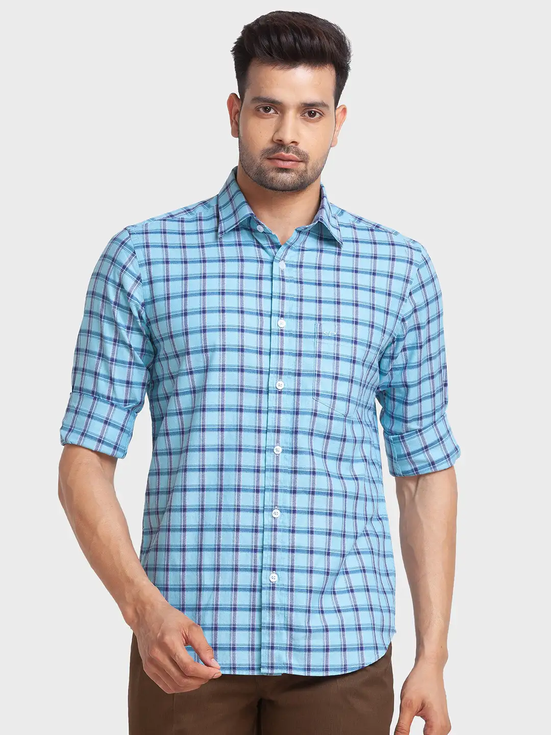 Men Blue Tailored Fit Checks Cotton Full Sleeve Shirts