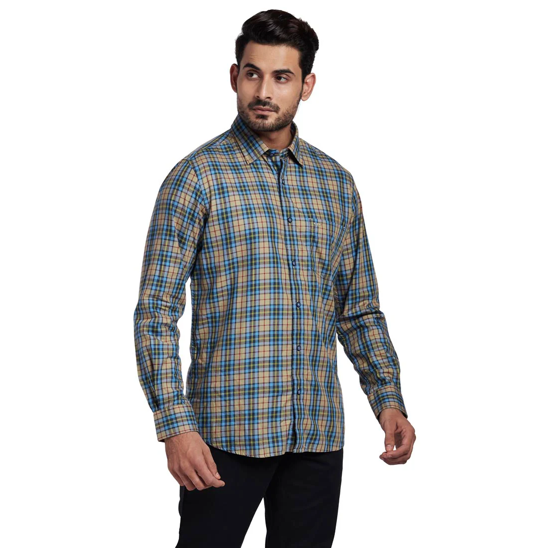 Men Blue Tailored Fit Checks Cotton Full Sleeve Shirts - Image 2