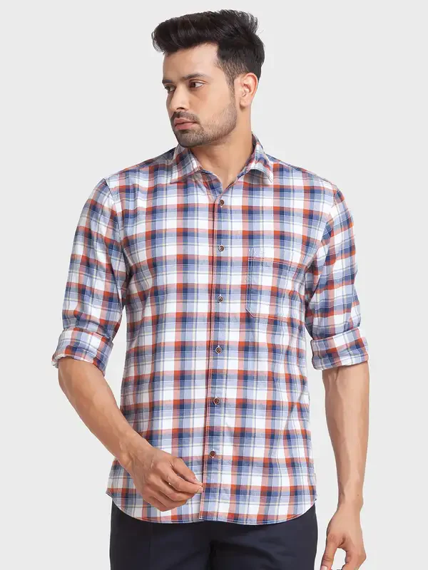 Men Blue Tailored Fit Checks Cotton Full Sleeve Shirts