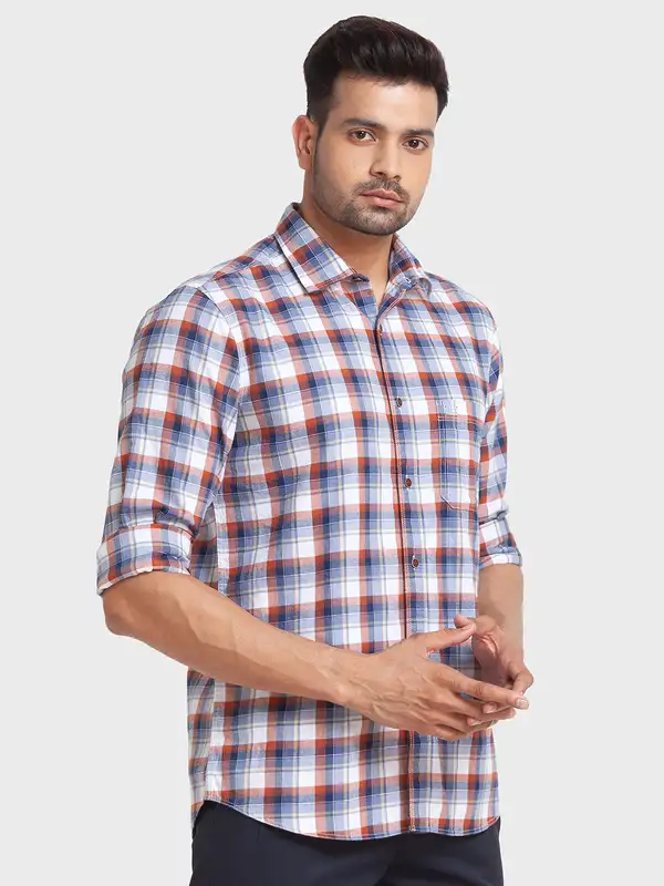 Men Blue Tailored Fit Checks Cotton Full Sleeve Shirts - Image 2