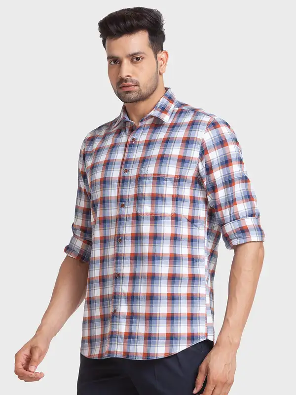 Men Blue Tailored Fit Checks Cotton Full Sleeve Shirts - Image 3