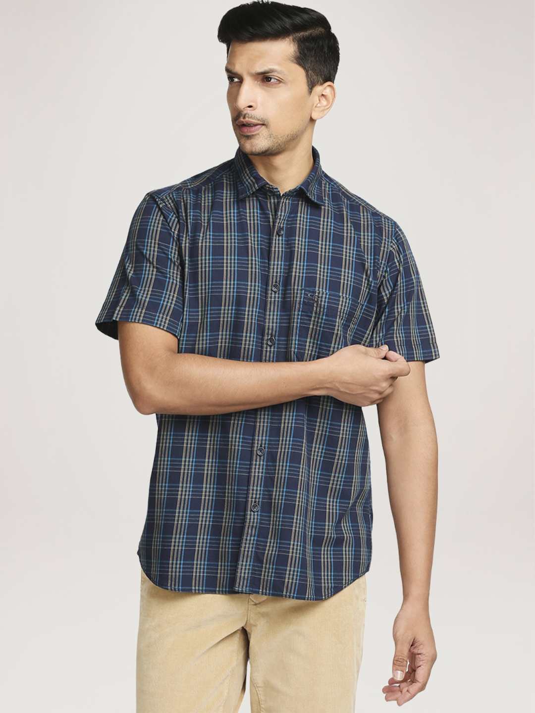 Men Blue Tailored Fit Checks Cotton Full Sleeve Shirts