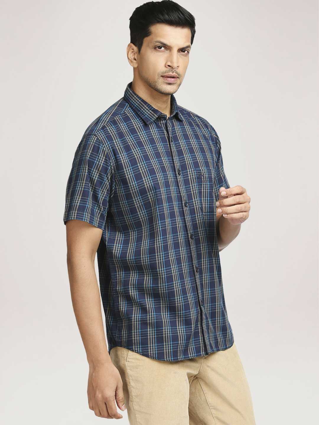 Men Blue Tailored Fit Checks Cotton Full Sleeve Shirts - Image 3