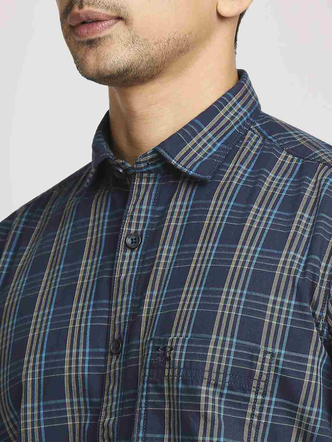 Men Blue Tailored Fit Checks Cotton Full Sleeve Shirts - Image 6
