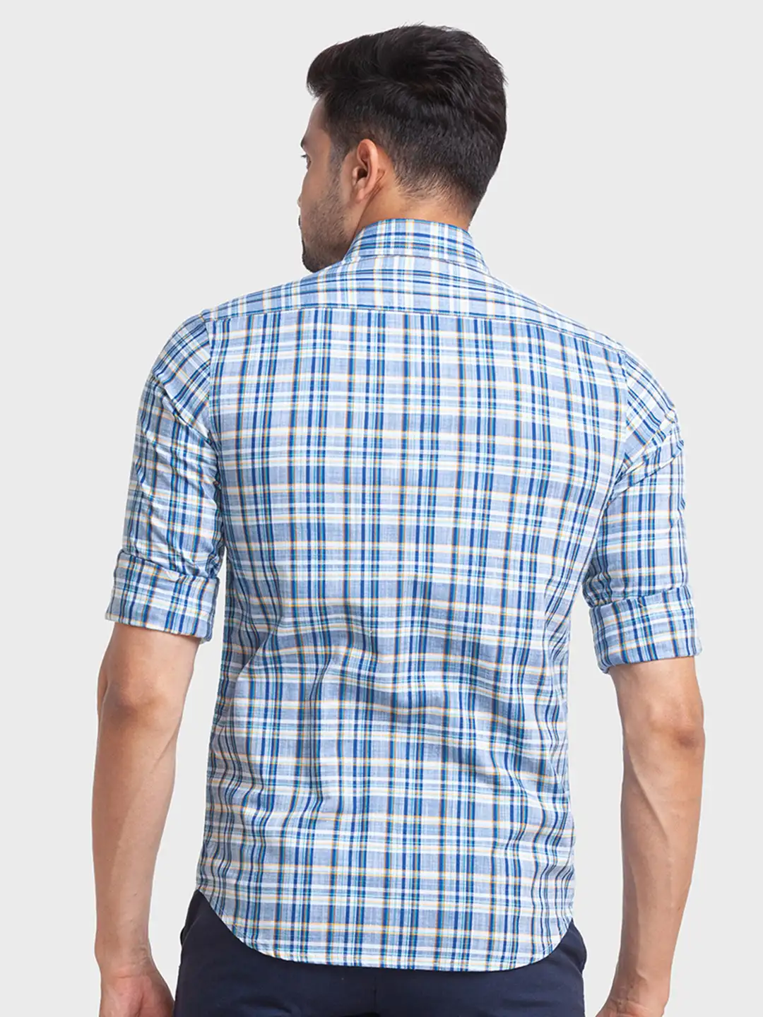 Men Blue Tailored Fit Checks Cotton Full Sleeve Shirts - Image 5