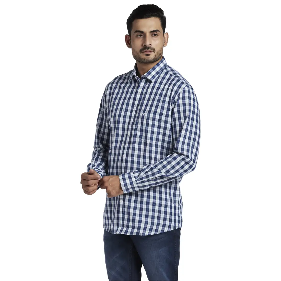 Men Blue Tailored Fit Checks Cotton Full Sleeve Shirts - Image 3