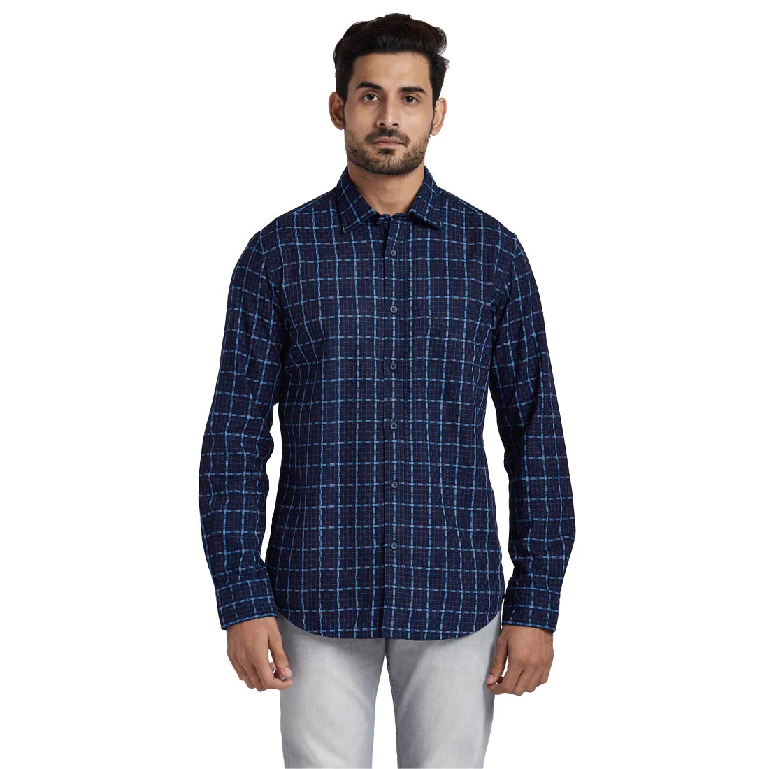 Men Blue Tailored Fit Checks Cotton Full Sleeve Shirts