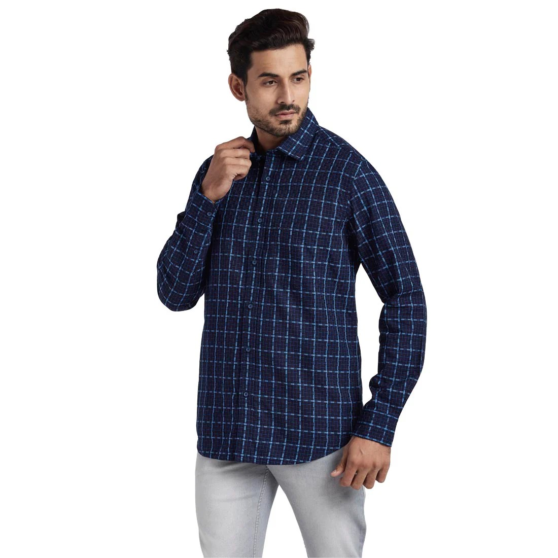 Men Blue Tailored Fit Checks Cotton Full Sleeve Shirts - Image 3