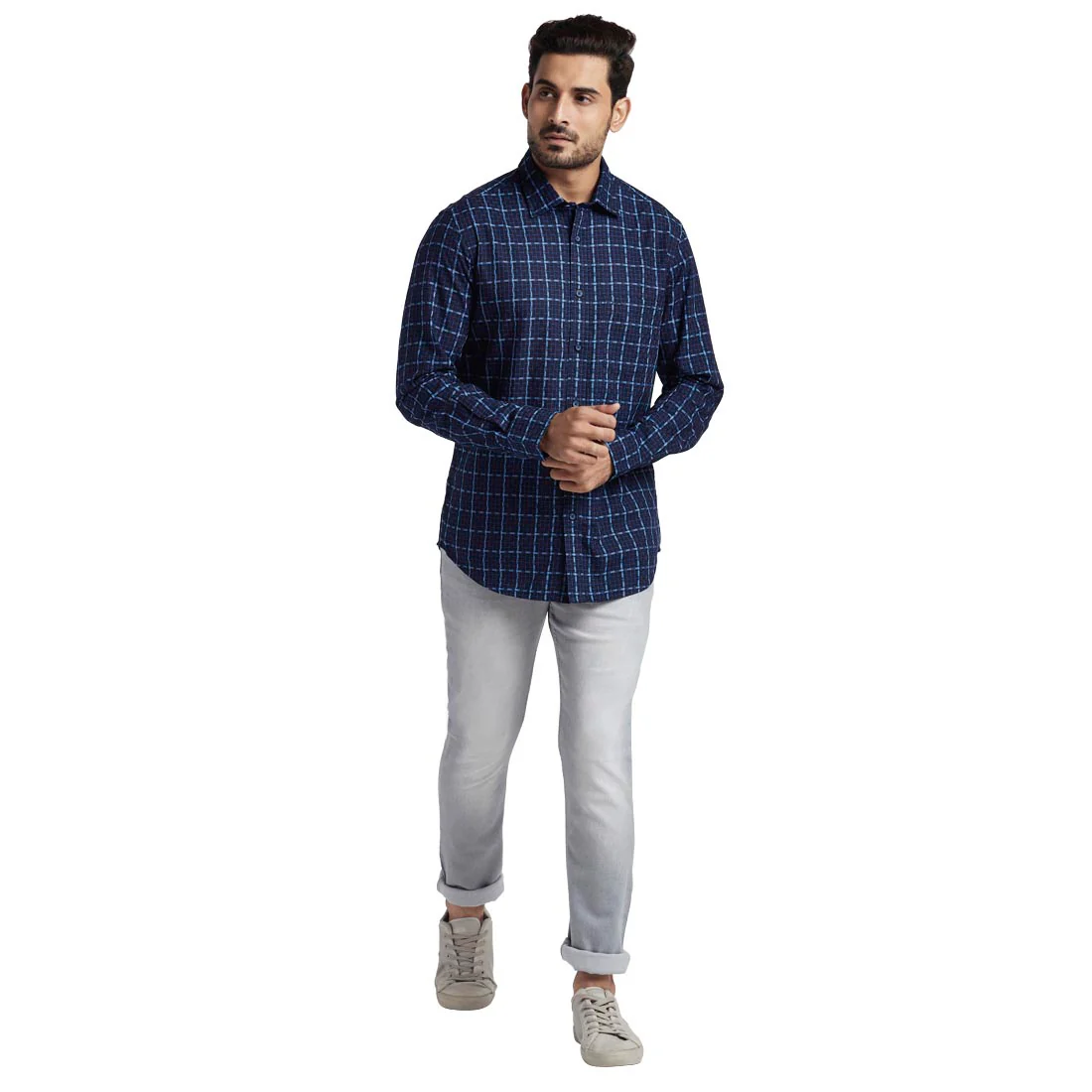 Men Blue Tailored Fit Checks Cotton Full Sleeve Shirts - Image 5