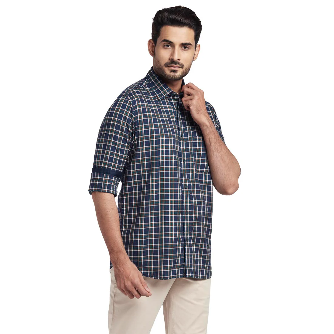 Men Blue Tailored Fit Checks Cotton Full Sleeve Shirts - Image 2
