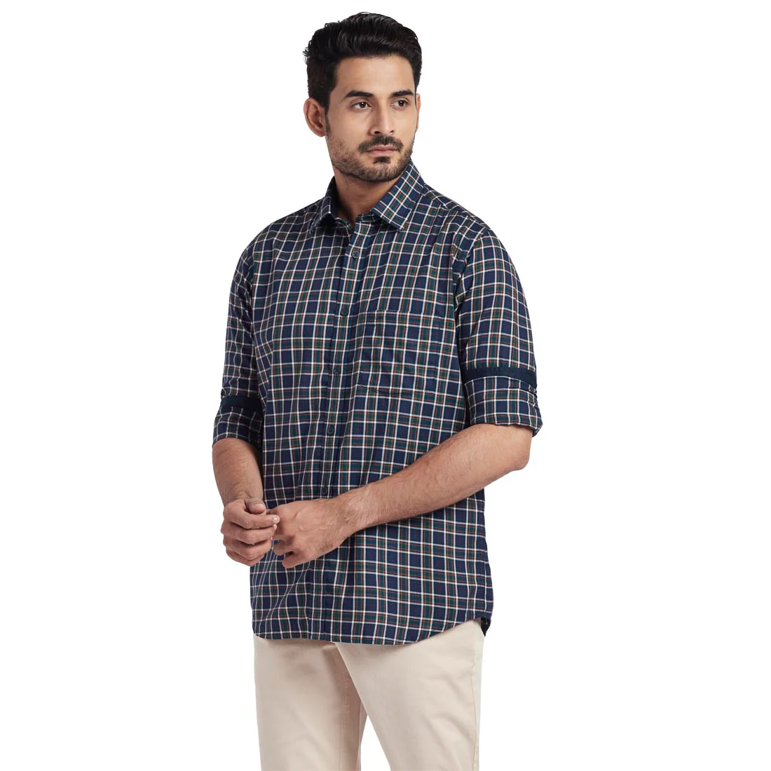 Men Blue Tailored Fit Checks Cotton Full Sleeve Shirts - Image 3