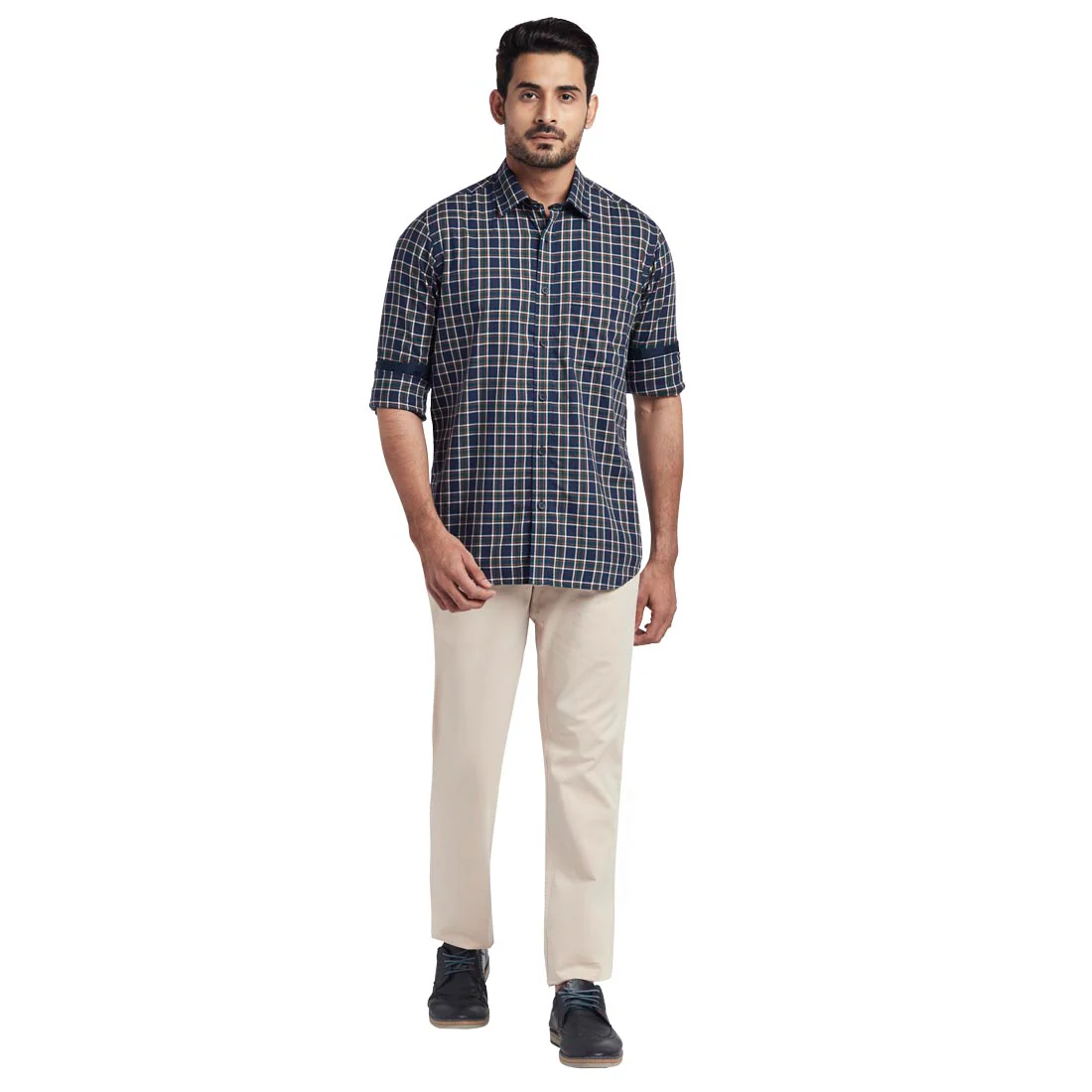 Men Blue Tailored Fit Checks Cotton Full Sleeve Shirts - Image 5