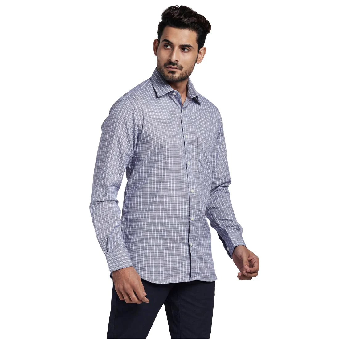 Men Blue Tailored Fit Checks Cotton Full Sleeve Shirts - Image 2