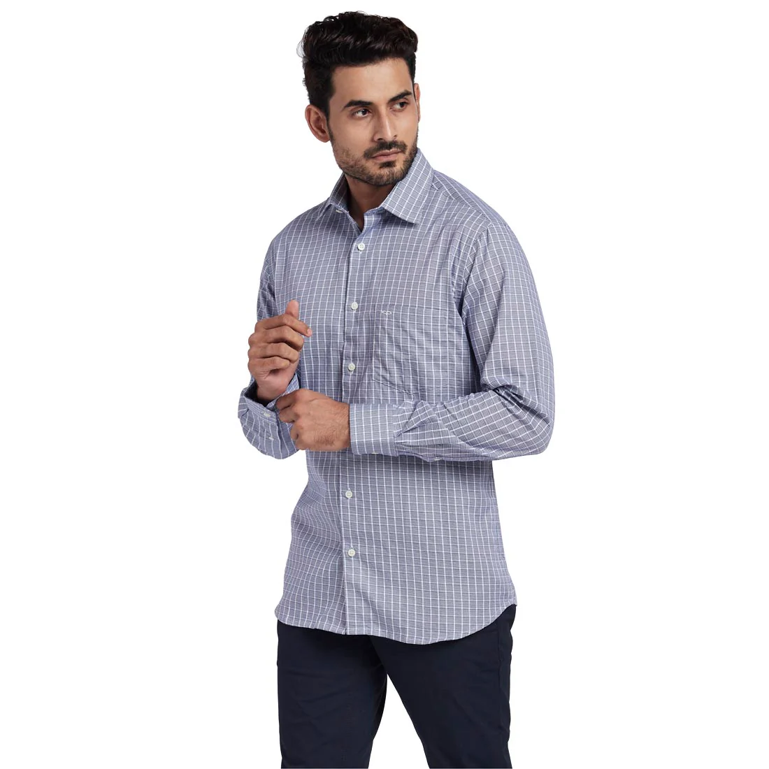 Men Blue Tailored Fit Checks Cotton Full Sleeve Shirts - Image 3