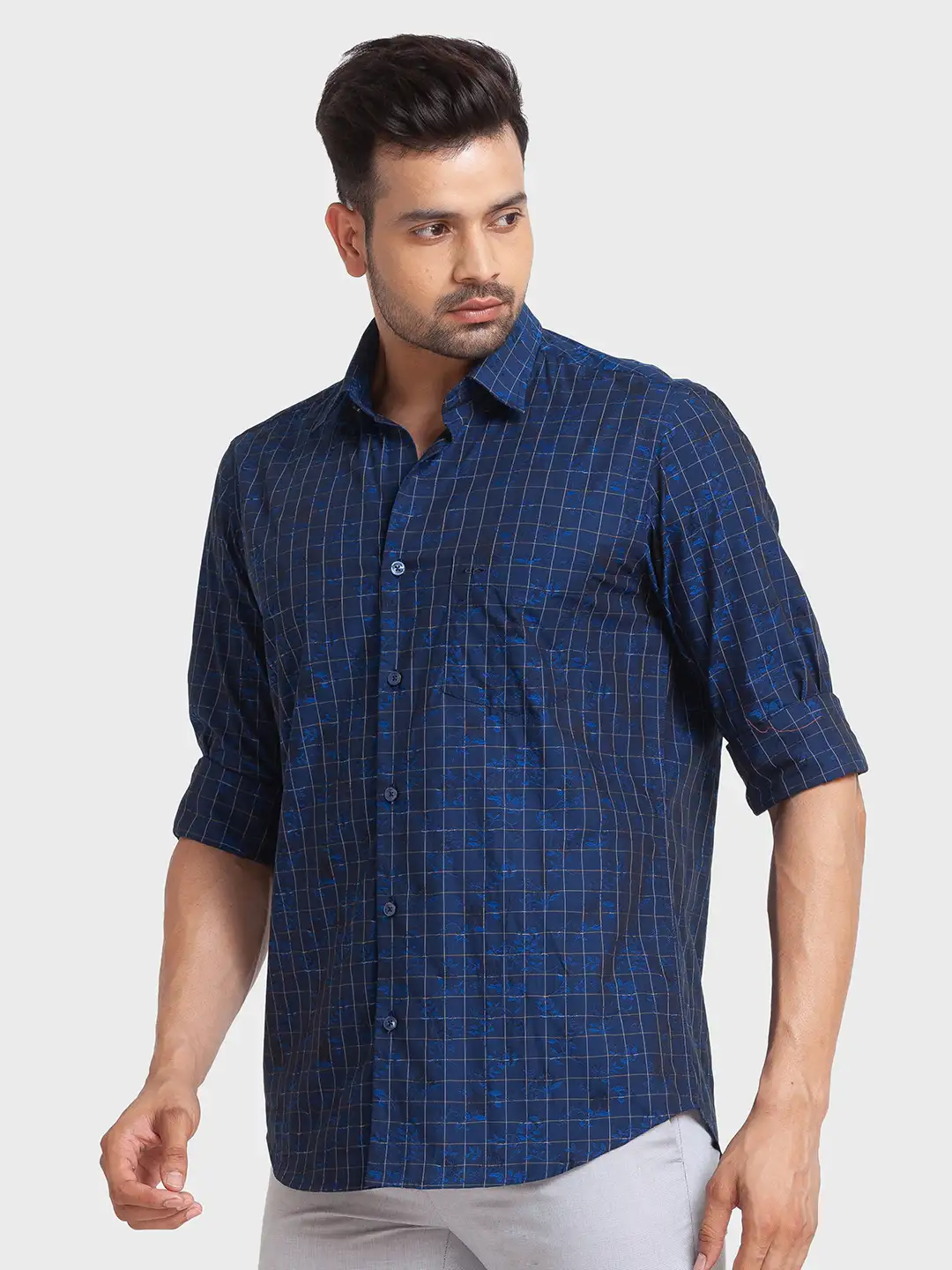 Men Blue Tailored Fit Checks Cotton Full Sleeve Shirts - Image 3