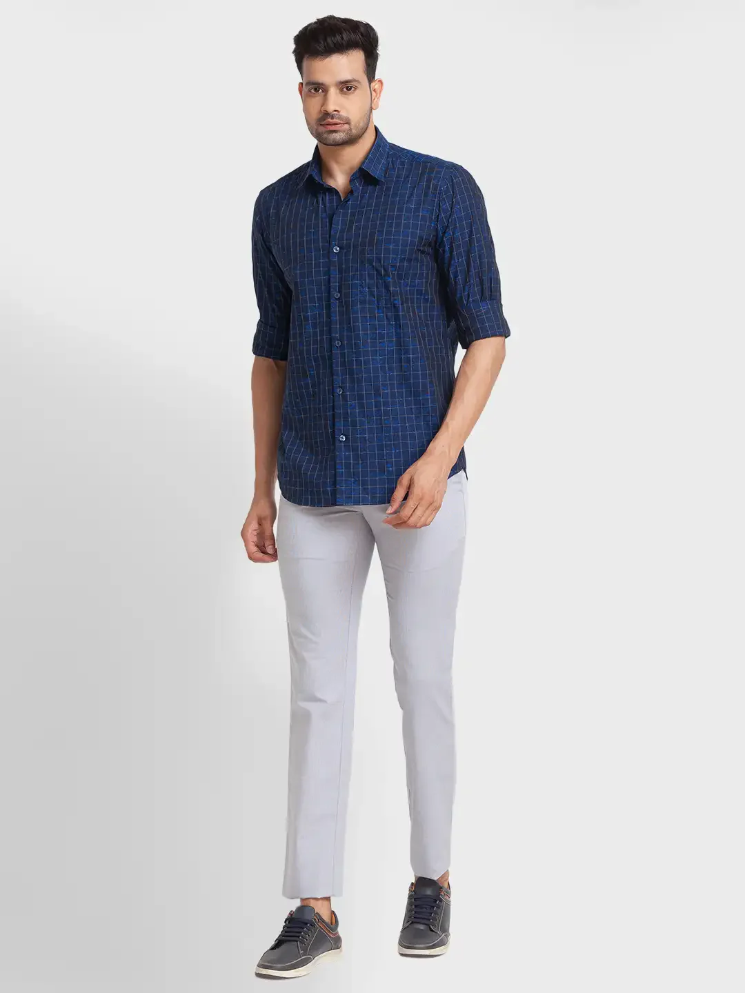 Men Blue Tailored Fit Checks Cotton Full Sleeve Shirts - Image 5