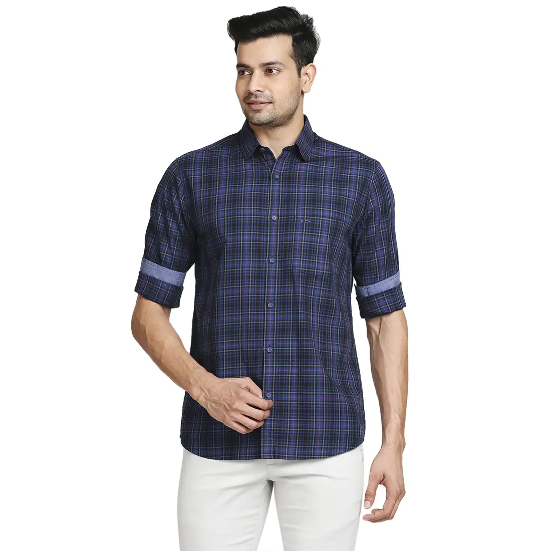 Men Blue Tailored Fit Checks Cotton Full Sleeve Shirts