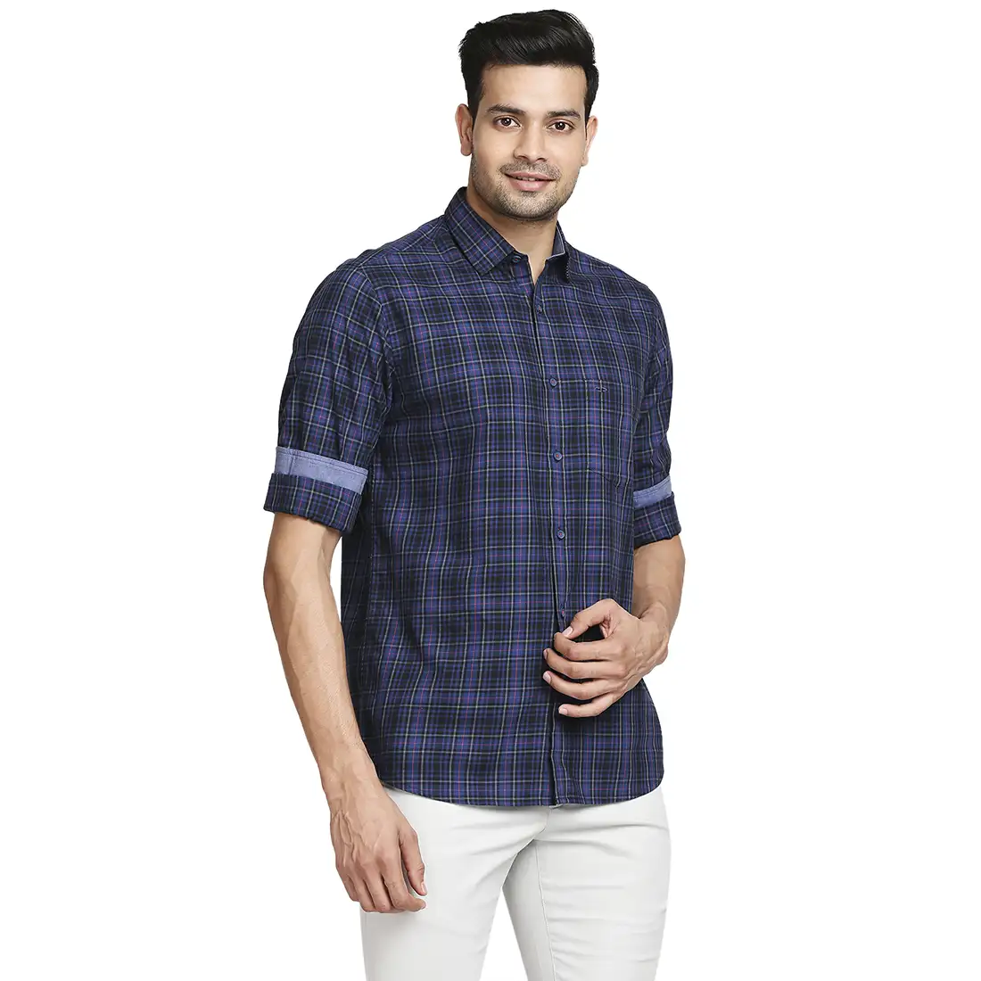 Men Blue Tailored Fit Checks Cotton Full Sleeve Shirts - Image 2