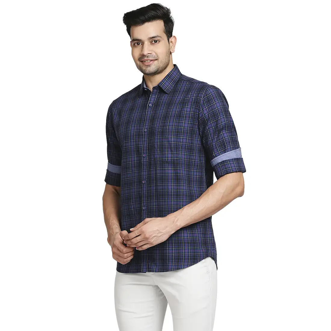 Men Blue Tailored Fit Checks Cotton Full Sleeve Shirts - Image 3