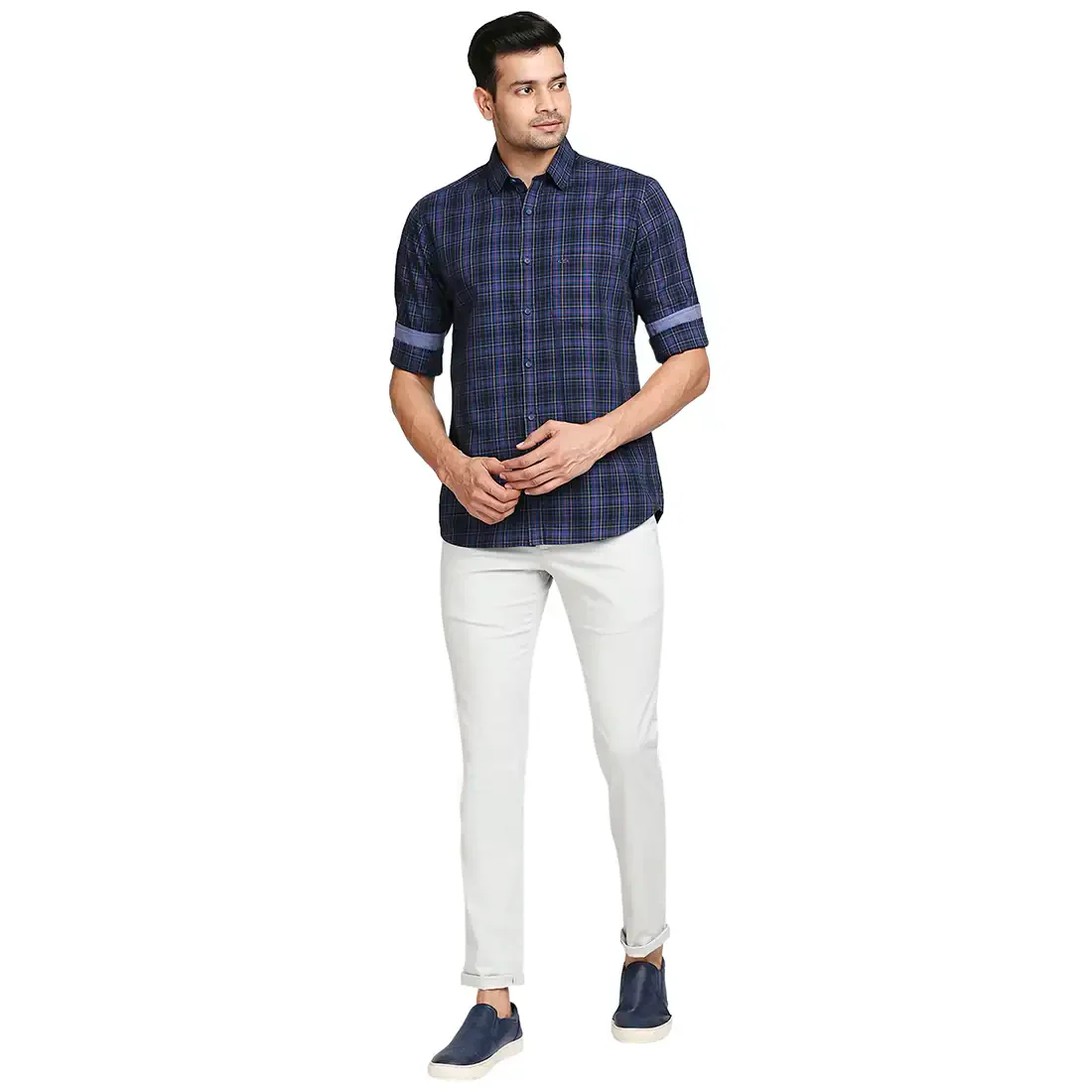 Men Blue Tailored Fit Checks Cotton Full Sleeve Shirts - Image 5