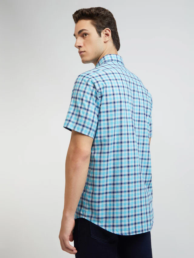 Men Blue Tailored Fit Checks Cotton Half Sleeve Shirts - Image 5
