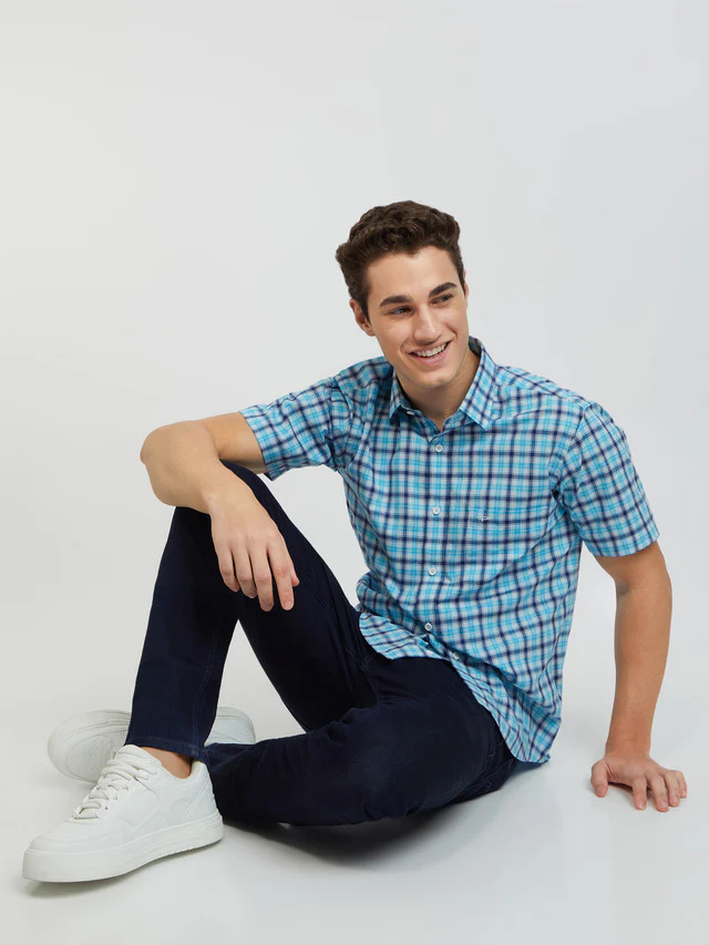 Men Blue Tailored Fit Checks Cotton Half Sleeve Shirts - Image 6