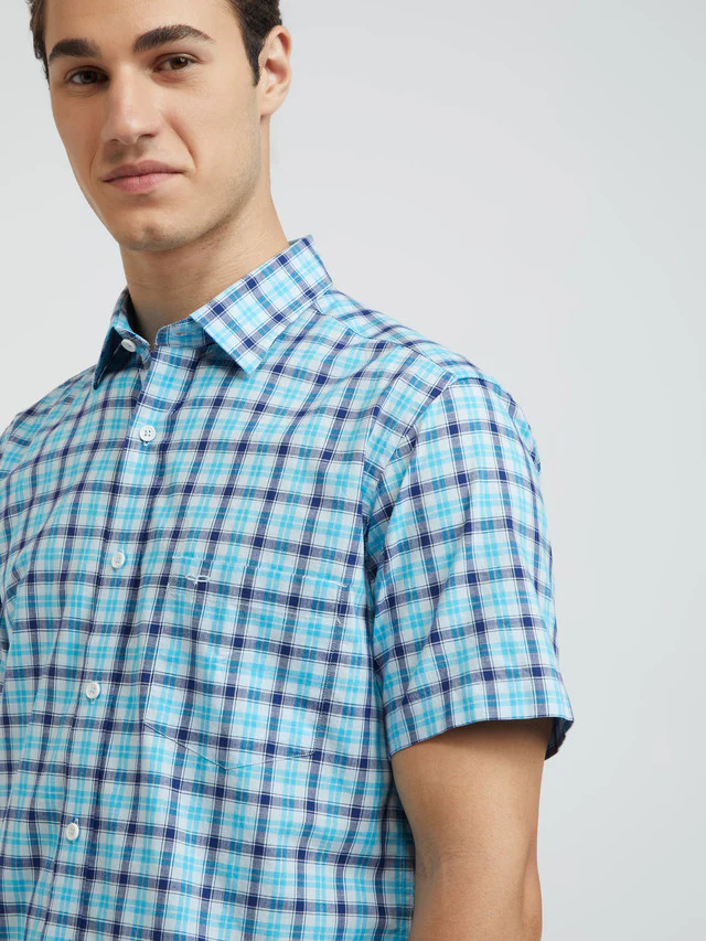 Men Blue Tailored Fit Checks Cotton Half Sleeve Shirts - Image 7