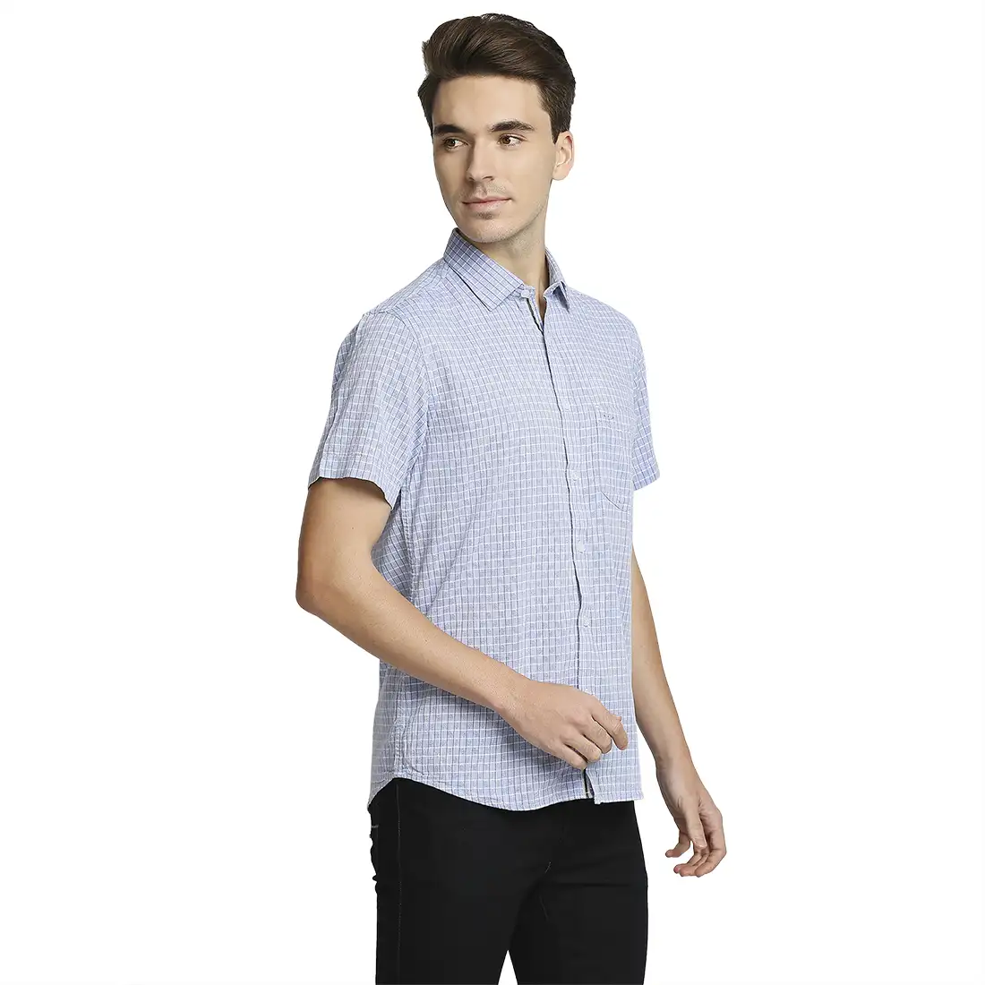 Men Blue Tailored Fit Checks Cotton Half Sleeve Shirts - Image 2
