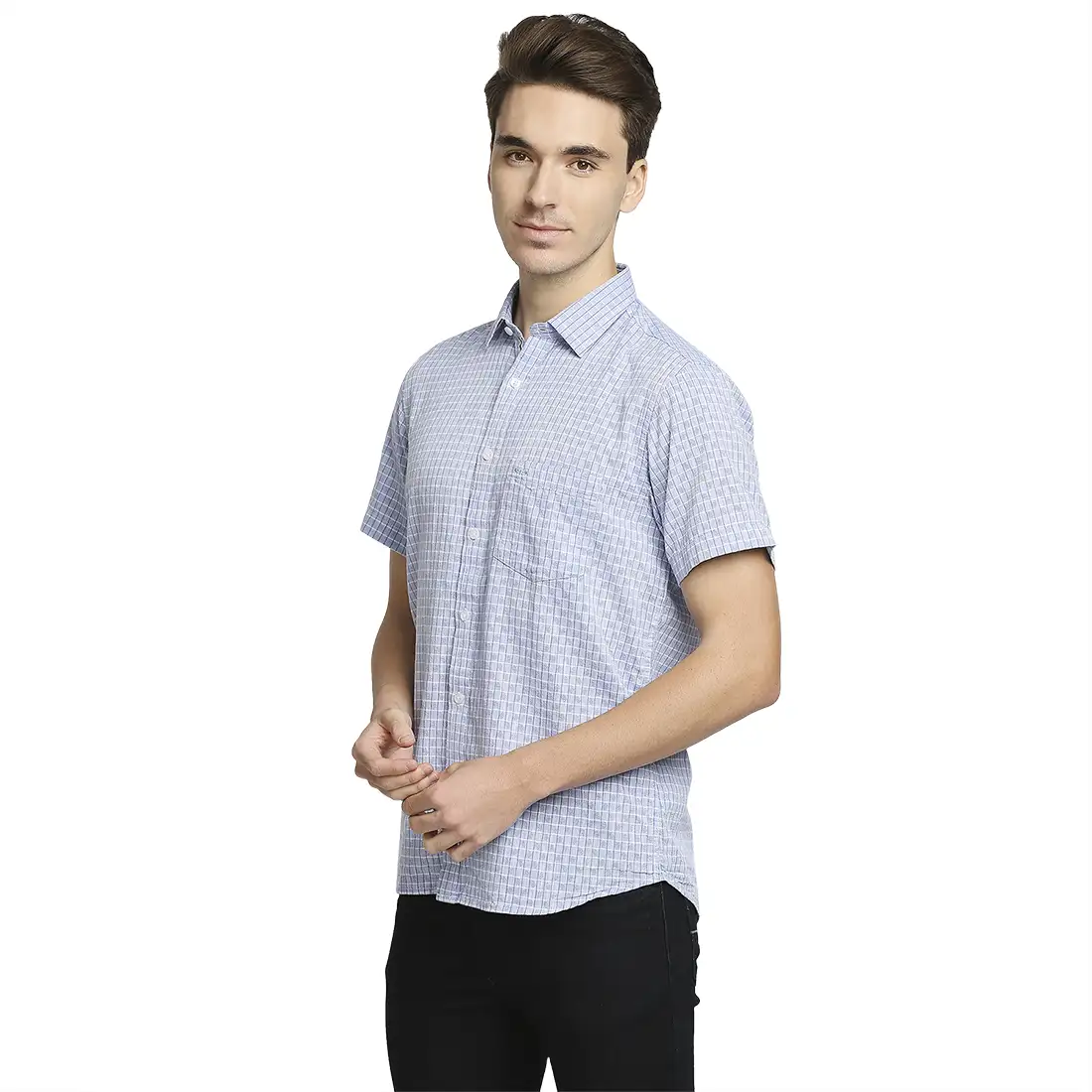 Men Blue Tailored Fit Checks Cotton Half Sleeve Shirts - Image 3