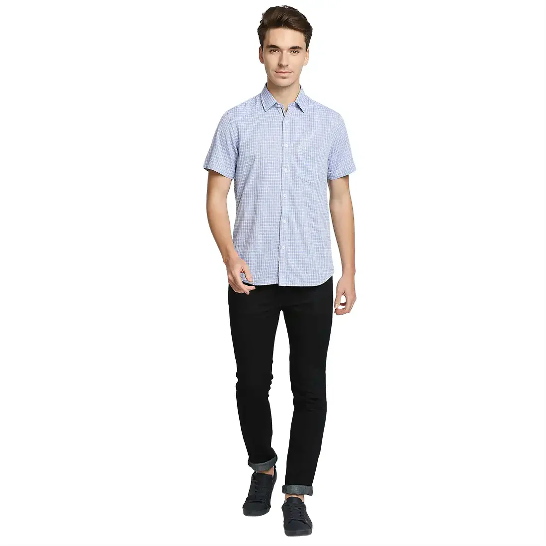 Men Blue Tailored Fit Checks Cotton Half Sleeve Shirts - Image 5