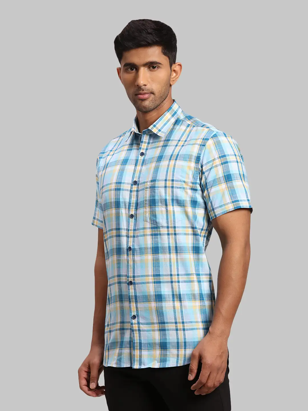 Men Blue Tailored Fit Checks Cotton Half Sleeve Shirts - Image 3