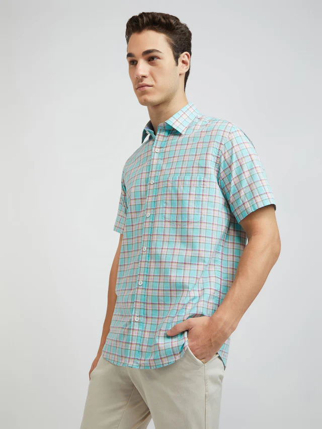 Men Blue Tailored Fit Checks Cotton Half Sleeve Shirts - Image 3