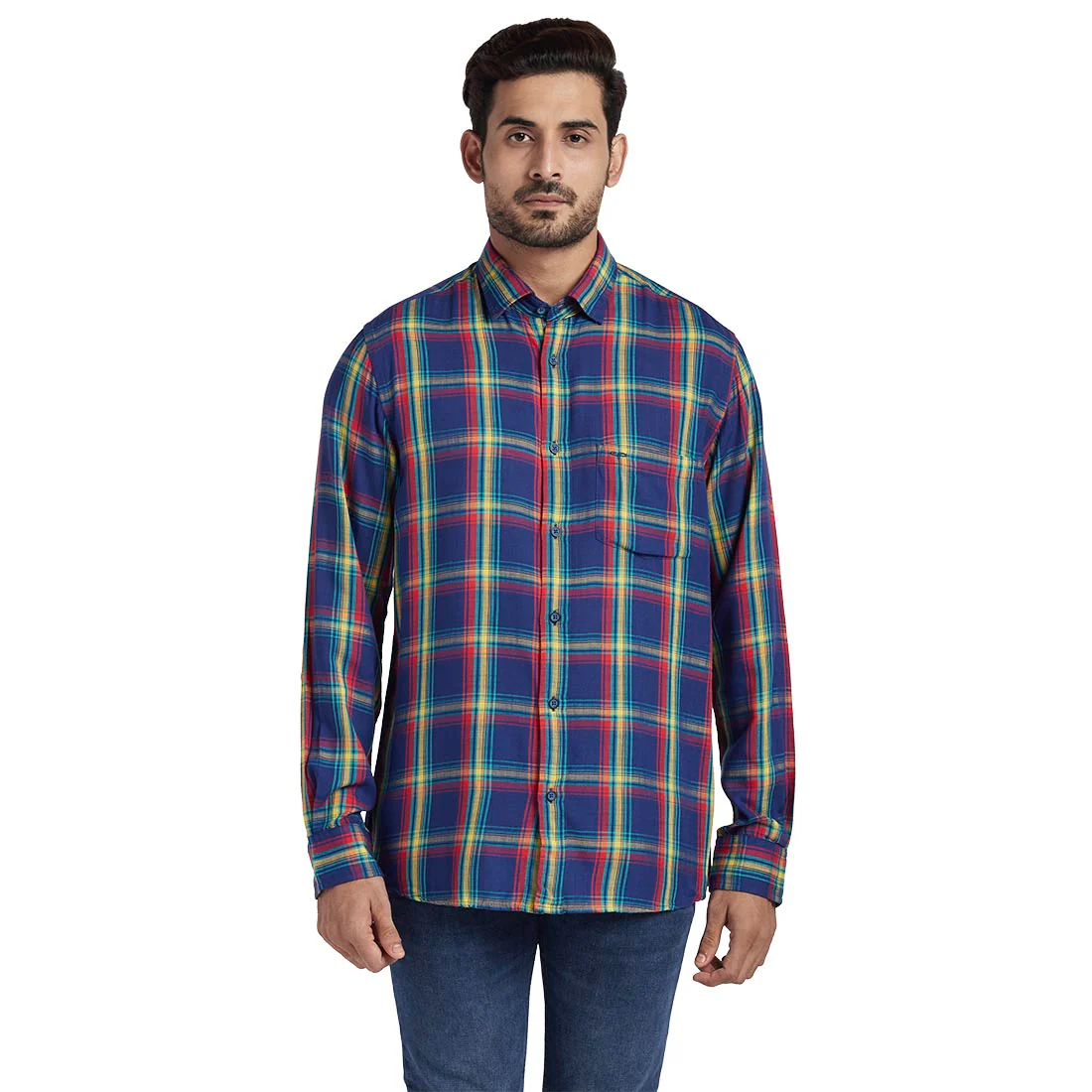 Men Blue Tailored Fit Checks Modal Full Sleeve Shirts