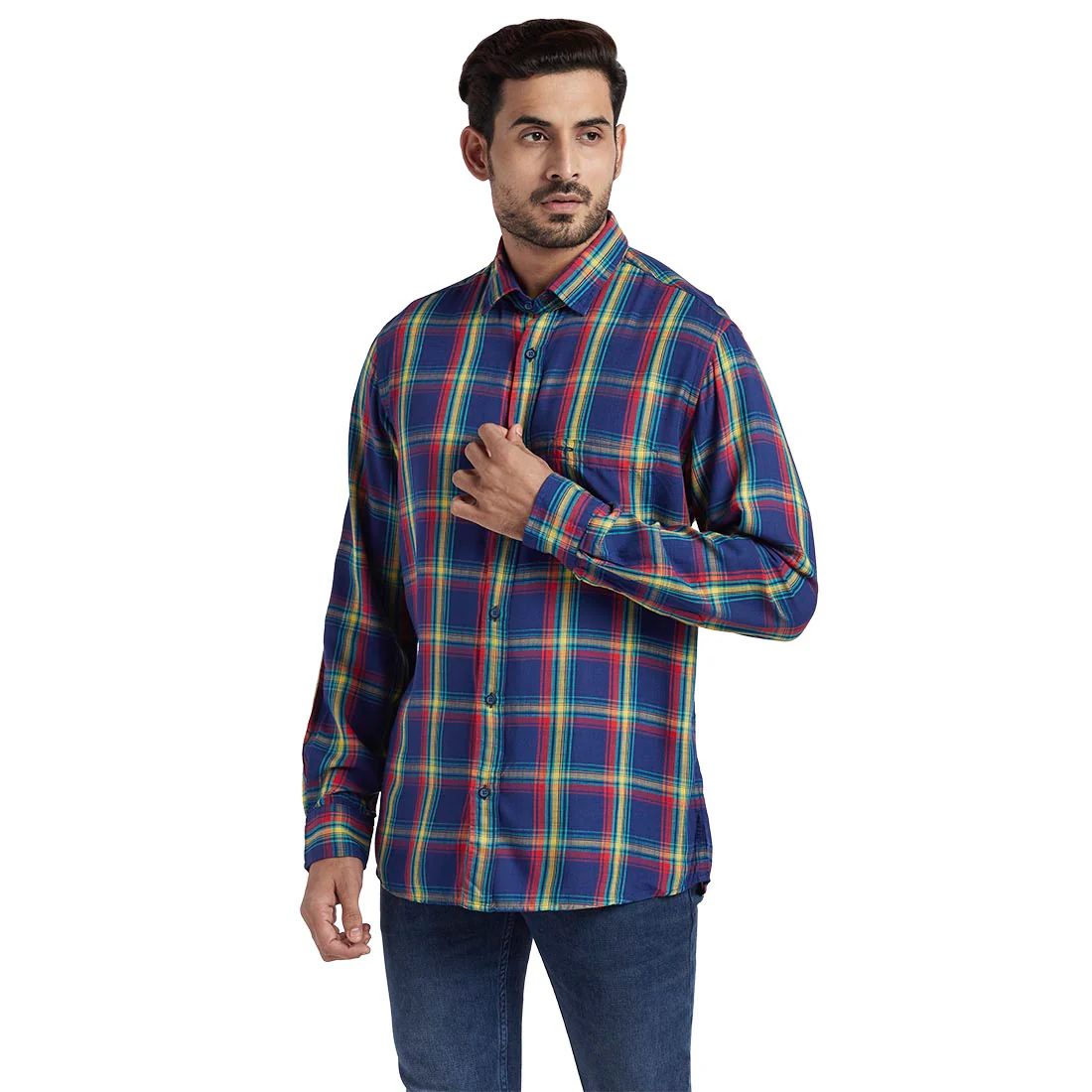 Men Blue Tailored Fit Checks Modal Full Sleeve Shirts - Image 3