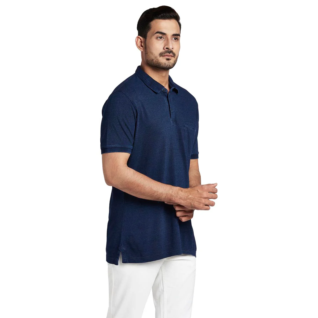 Men Blue Tailored Fit Indigo Cotton Half Sleeve Round Neck Collar Polo T-Shirt - Image 2