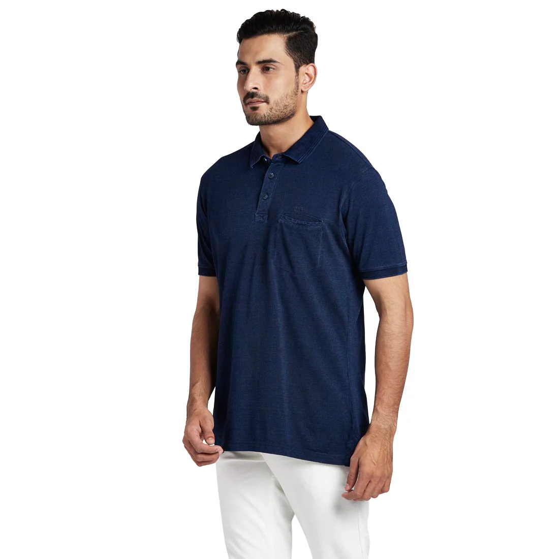 Men Blue Tailored Fit Indigo Cotton Half Sleeve Round Neck Collar Polo T-Shirt - Image 3
