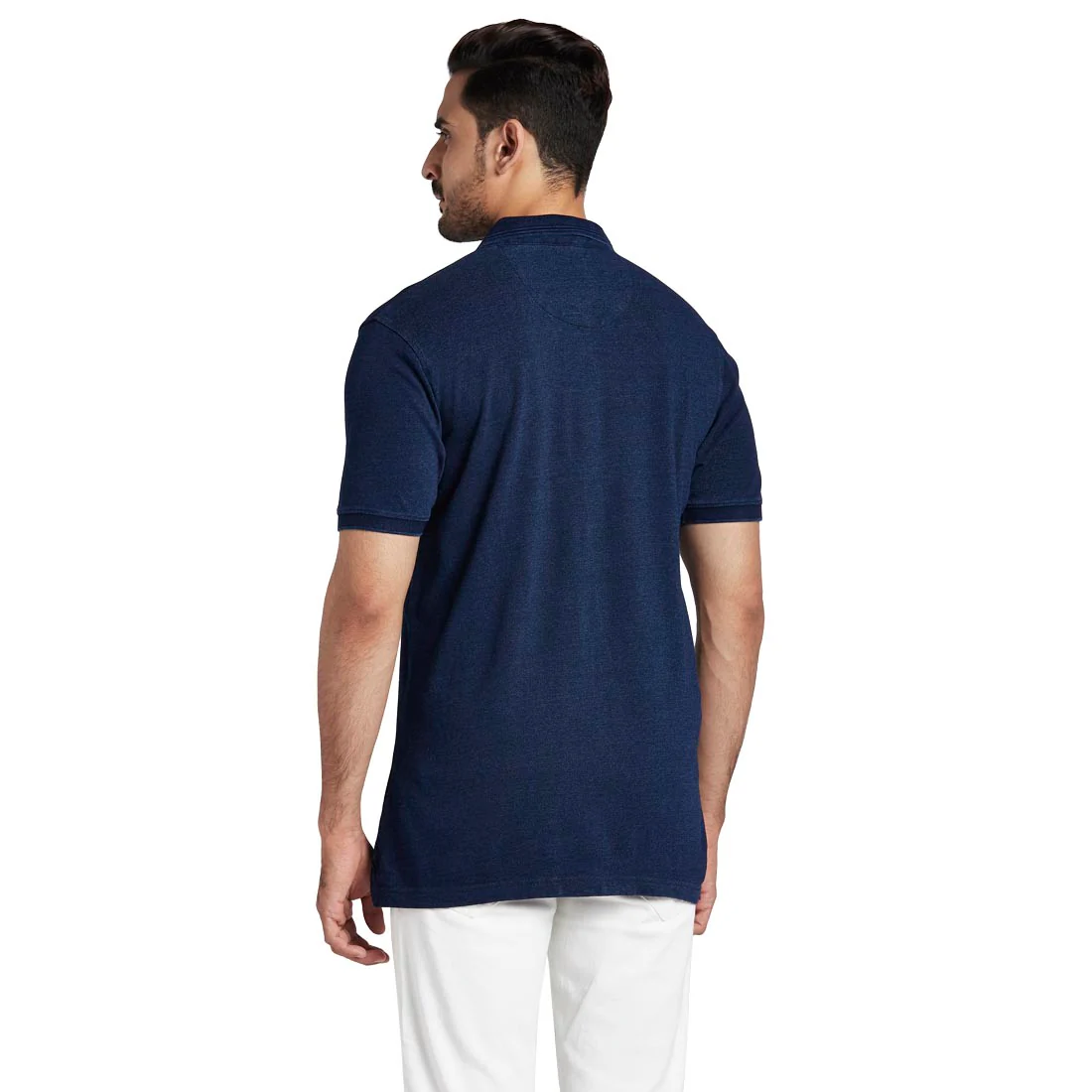 Men Blue Tailored Fit Indigo Cotton Half Sleeve Round Neck Collar Polo T-Shirt - Image 4