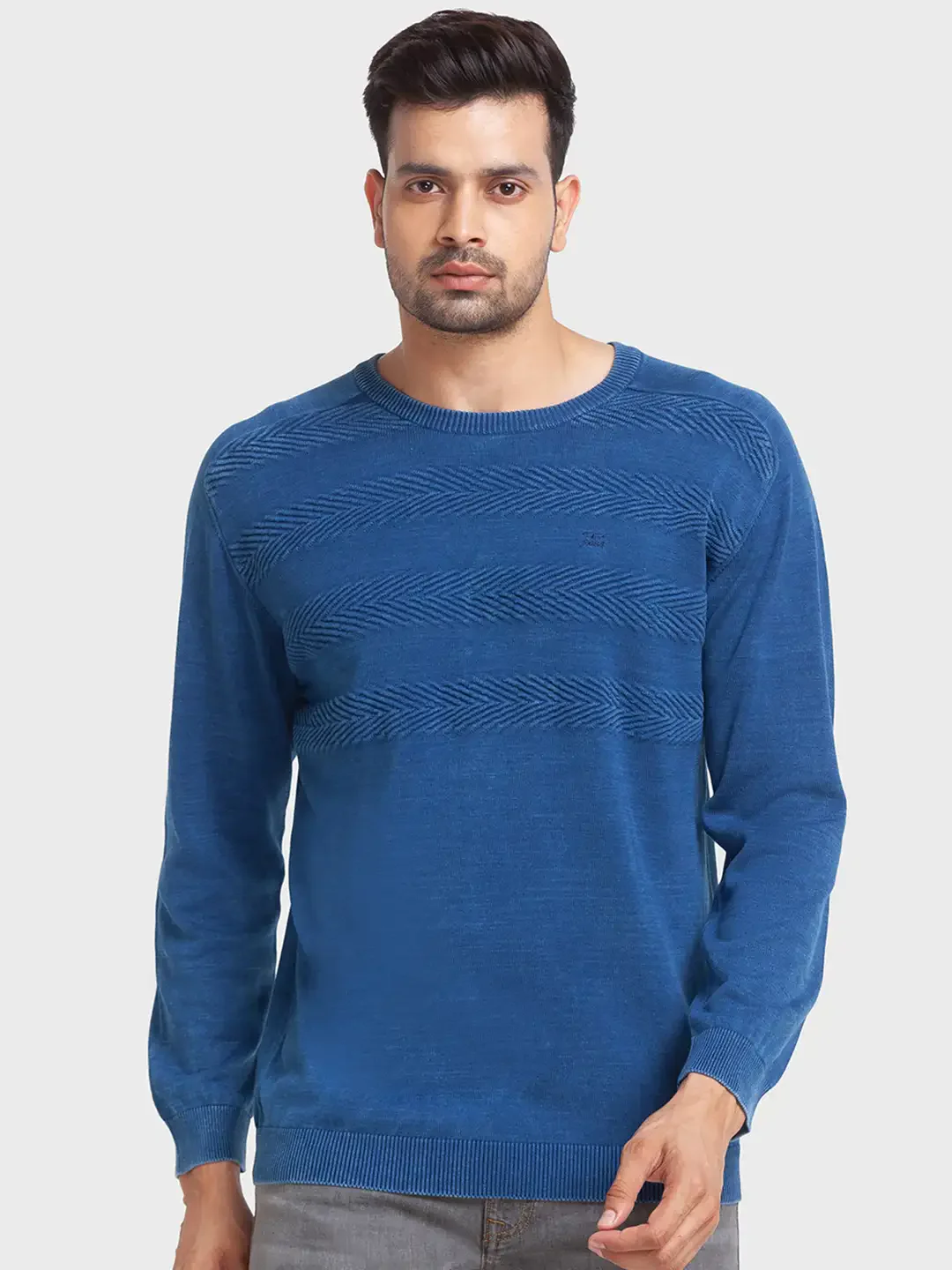 Men Blue Tailored Fit Jacquard Cotton Full Sleeve Round Collar Sweaters