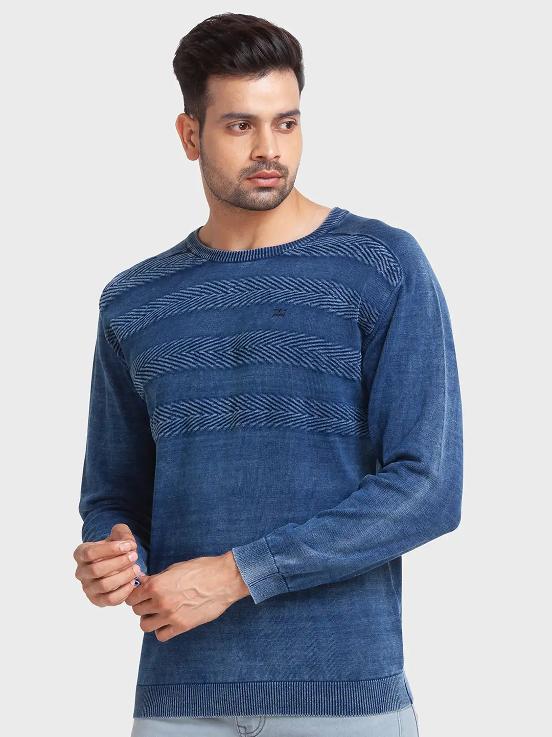 Men Blue Tailored Fit Jacquard Cotton Full Sleeve Round Collar Sweaters - Image 3