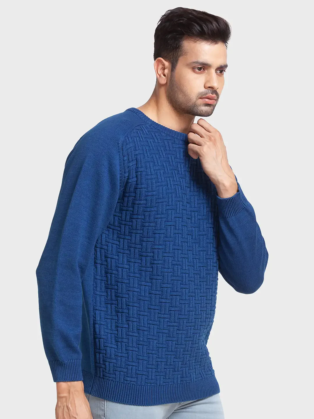 Men Blue Tailored Fit Jacquard Cotton Full Sleeve Round Collar Sweaters - Image 2
