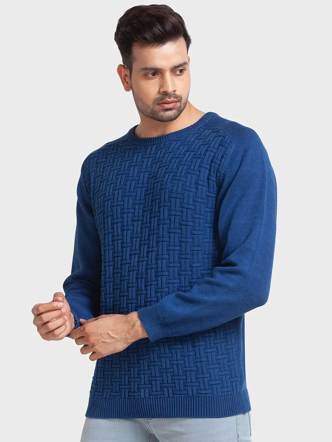 Men Blue Tailored Fit Jacquard Cotton Full Sleeve Round Collar Sweaters - Image 3