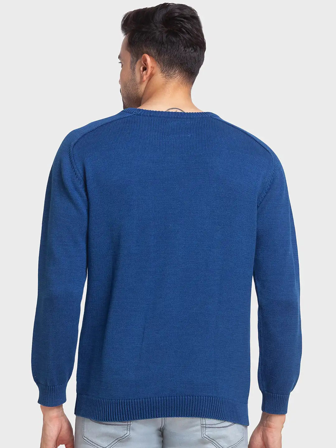 Men Blue Tailored Fit Jacquard Cotton Full Sleeve Round Collar Sweaters - Image 4