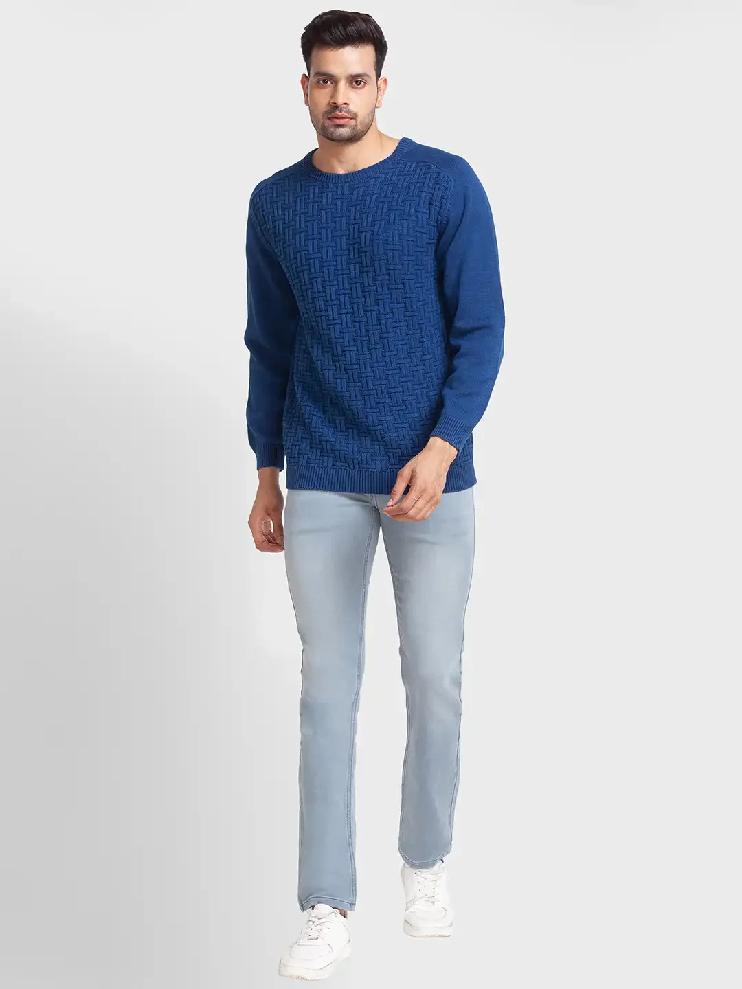 Men Blue Tailored Fit Jacquard Cotton Full Sleeve Round Collar Sweaters - Image 5
