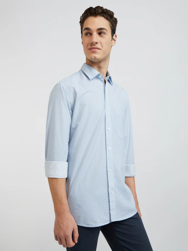 Men Blue Tailored Fit Print Cotton Blend Full Sleeve Shirts - Image 2