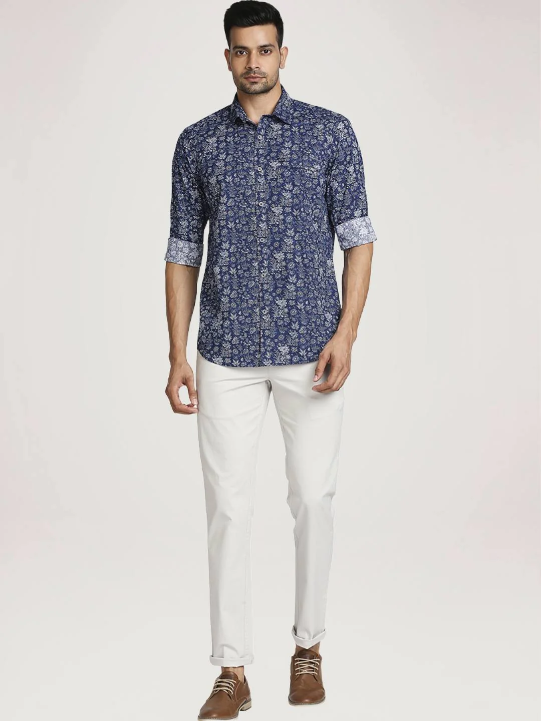 Men Blue Tailored Fit Print Cotton Full Sleeve Shirts - Image 3