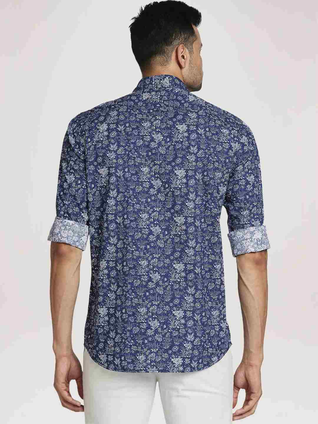Men Blue Tailored Fit Print Cotton Full Sleeve Shirts - Image 4