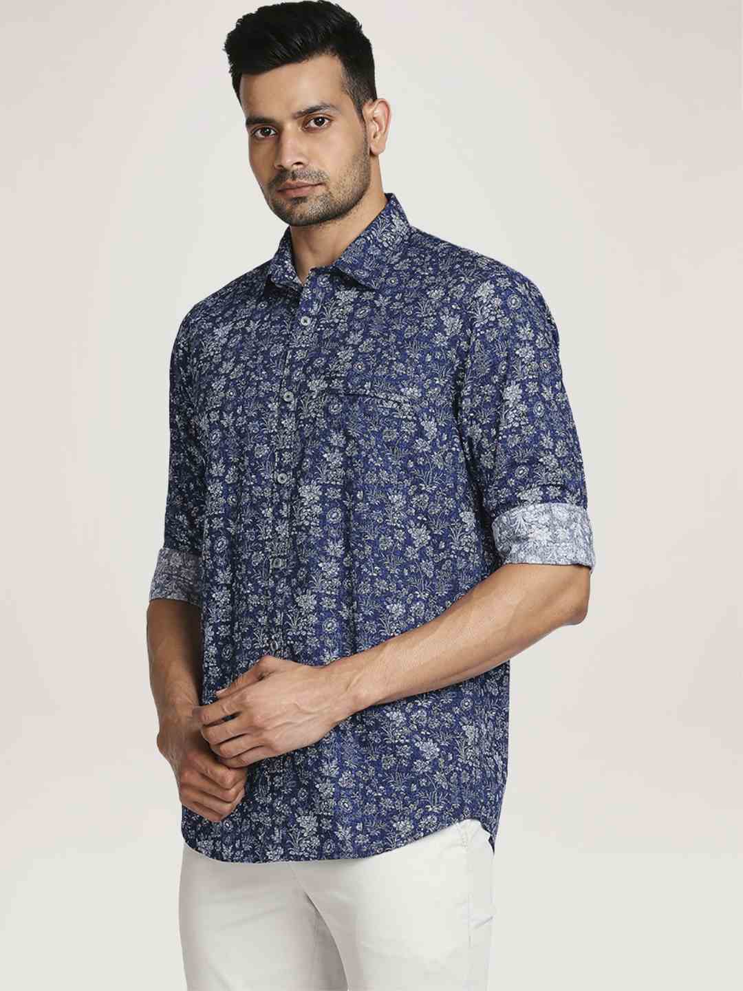 Men Blue Tailored Fit Print Cotton Full Sleeve Shirts - Image 6